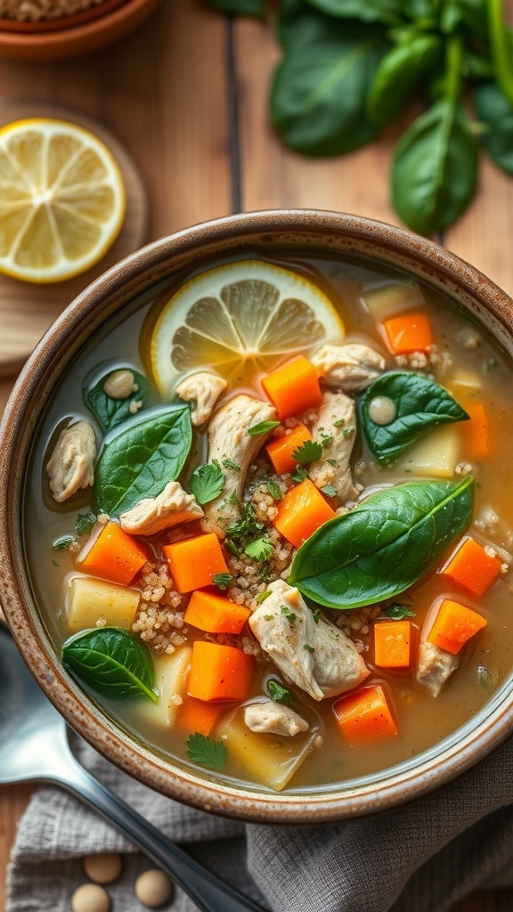 A hearty bowl of quinoa chicken soup with chicken, carrots, and spinach, garnished with herbs, on a rustic table.